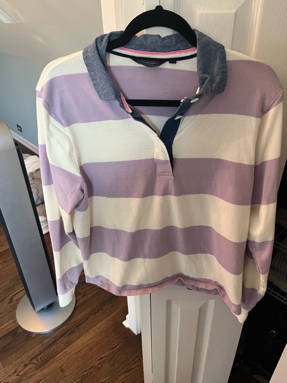 Vineyard Vines Lavender and White Striped Polo with Chambray Collar